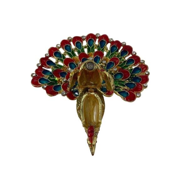 Jeweled Enamel Metal Peacock Trinket Box with Hidden Compartment Vintage - Picture 2 of 5